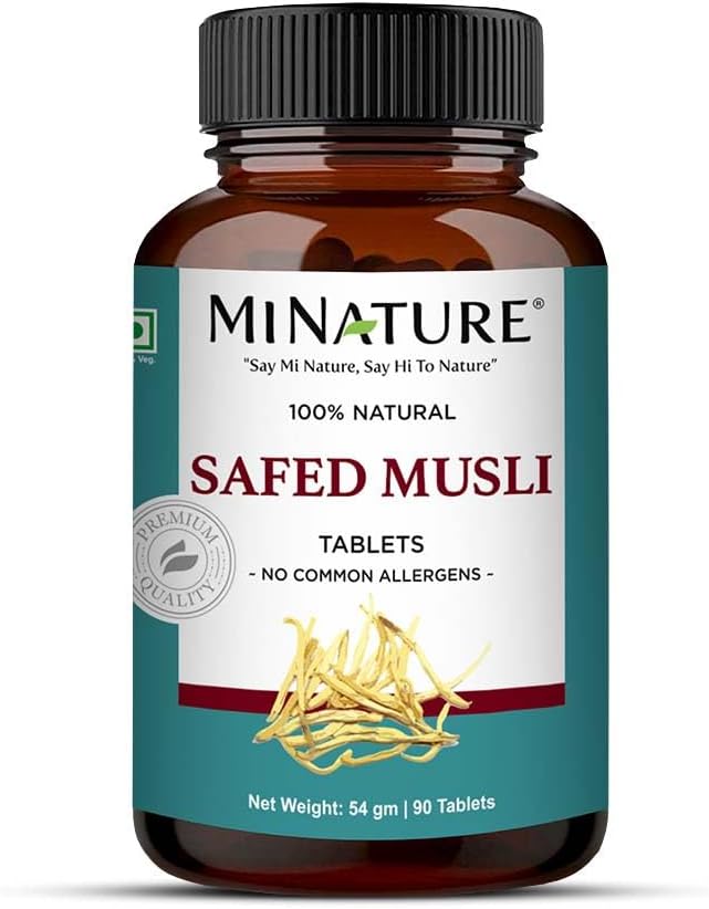 Safed Musli Tablets by mi Nature | Pura Hierba Natural | Sin Químicos ni Conservantes | Vegano y Sin Gluten | 90 Tablet, 45 Días de Suministro 1000mg