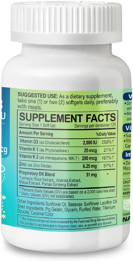 NATURION D3+K2 IMMUNEX – Vitamina D3 2000 UI, K1 25 mcg, K2 200 mcg, Zinc 6.25 mg, DK Blend 31 mg – 120 Cápsulas Blandas