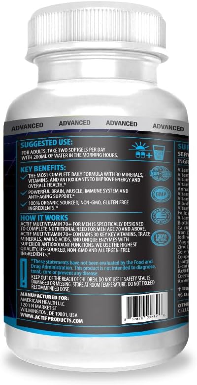 ACTIF Multivitamínico para Hombres 70+ con 30 Factores Avanzados, 90 Cápsulas