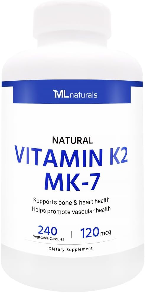 ML Naturals Vitamina K2 MK-7 120mcg (por dosis) – 120 Cápsulas Vegetales – All-Trans MK-7 – Apoya la Salud Ósea y Cardíaca