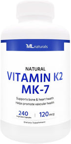 ML Naturals Vitamina K2 MK-7 120mcg (por dosis) – 120 Cápsulas Vegetales – All-Trans MK-7 – Apoya la Salud Ósea y Cardíaca