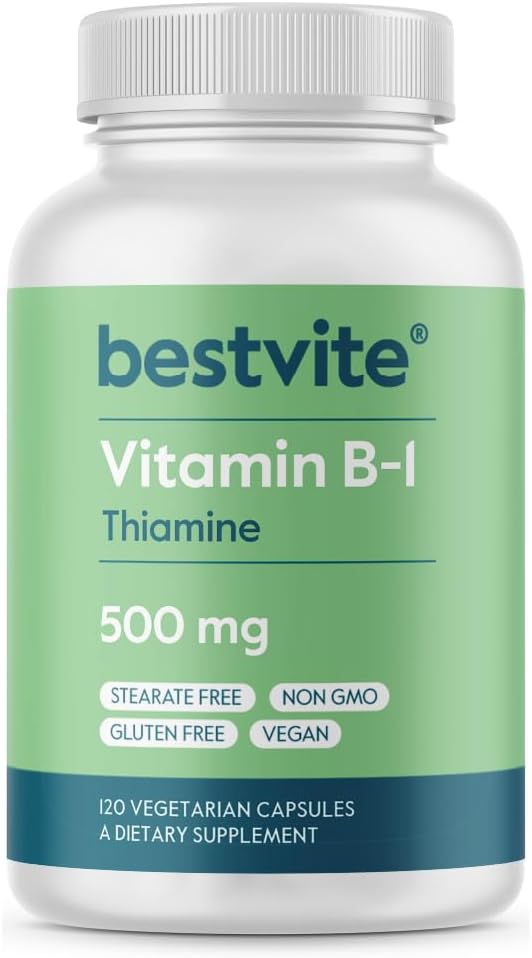 BESTVITE Vitamina B-1 (Tiamina) 500 mg - 120 Cápsulas Vegetales - Vegano - Sin Estearatos - No GMO - Sin Gluten