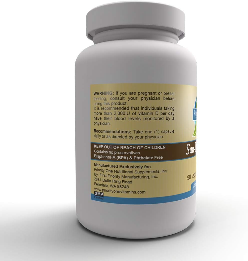 Priority One Vitamins Sun D3 10.000 UI, 90 Cápsulas Vegetarianas - Forma más biodisponible de Vitamina D (Colecalciferol)