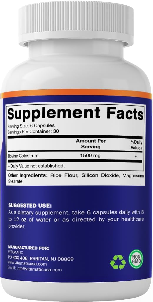Vitamatic Calostro Bovino 30% IgG Suplemento - 1500 mg por dosis - 180 Cápsulas Vegetales