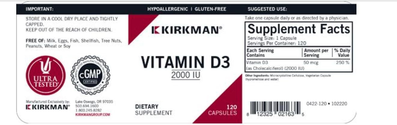 Kirkman Vitamina D3 2000 UI Cápsulas Hipoalergénicas, 120 unidades