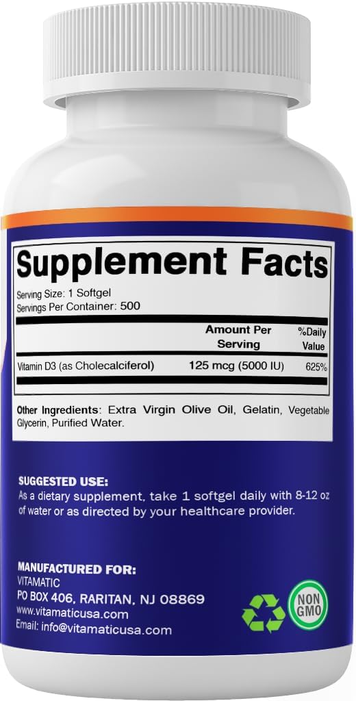 Vitamatic Vitamina D3 5000 UI con Aceite de Oliva – 500 Cápsulas Blandas Mini