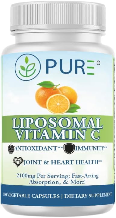 PURE® Vitamina C Liposomal 2100 mg - 180 Cápsulas, 60 Dosis - Alta Absorción con Lecitina de Girasol - Antioxidante para el Sistema Inmunitario y Colágeno - Fabricado en EE. UU.