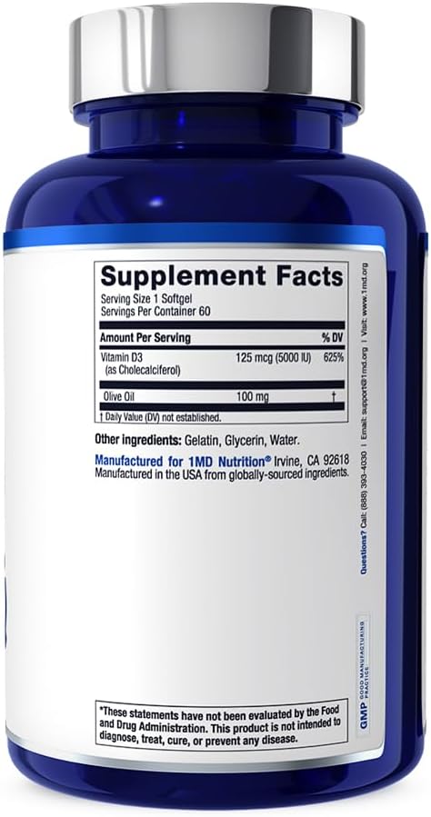 1MD Nutrition Vitamina D3 5000 IU – 60 Cápsulas Blandas – Salud Ósea e Inmunidad