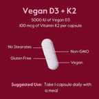 BESTVITE Vitamina D3 5000 UI + K2 100 mcg MK-7 (120 Cápsulas Vegetarianas) - Vegano - Sin Estearatos - No GMO - Sin Gluten