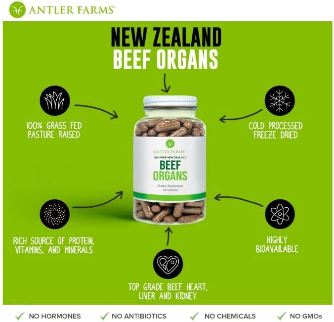 Antler Farms - Órganos de Ternera 100% Puros de Nueva Zelanda - Corazón, Hígado, Riñón, 180 Cápsulas, 400mg - Alimentados con Pasto, Procesado en Frío, Sin rBGH ni Rellenos