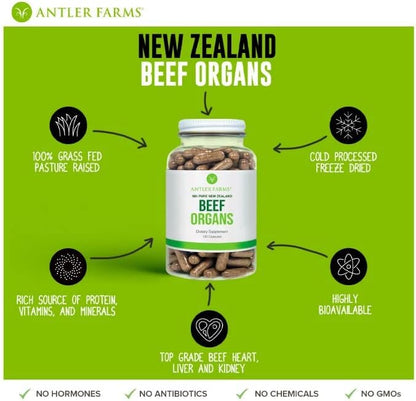 Antler Farms - Órganos de Ternera 100% Puros de Nueva Zelanda - Corazón, Hígado, Riñón, 180 Cápsulas, 400mg - Alimentados – Image 4