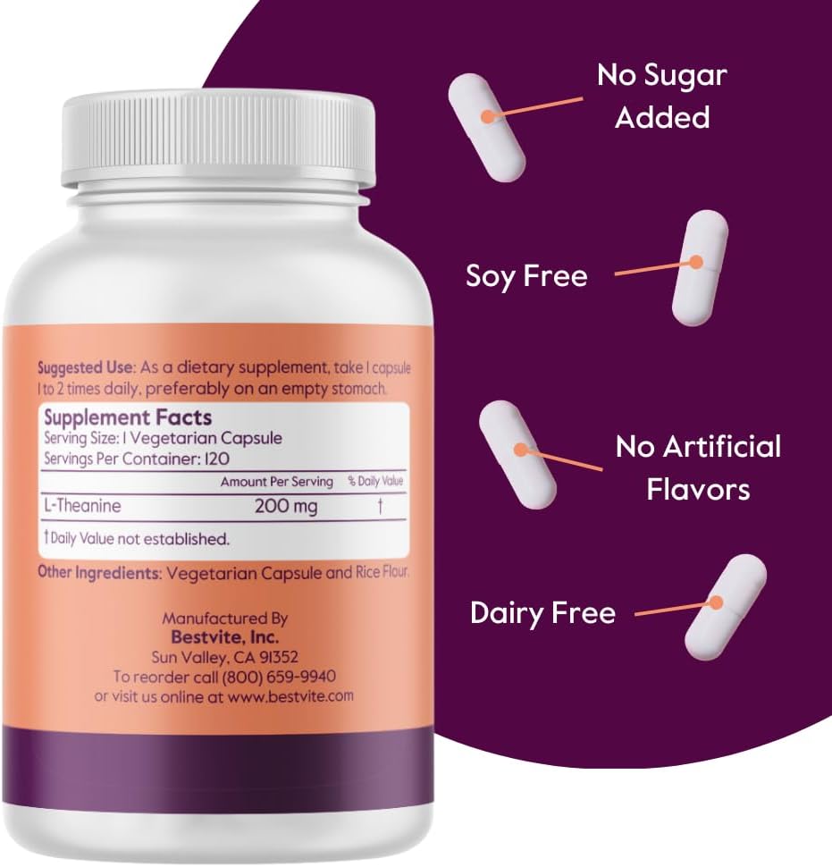 BESTVITE L-Theanine 200mg (360 Cápsulas Vegetarianas) - Sin Estearatos, Vegano, No OGM, Sin Gluten