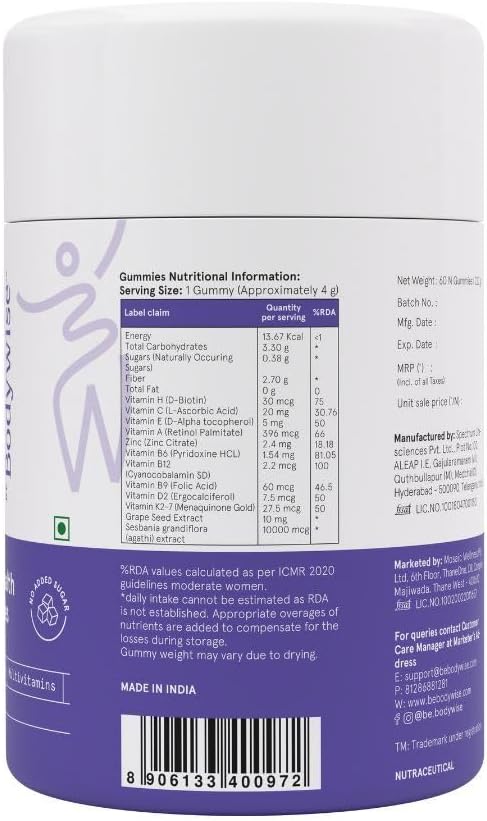 Be Bodywise Gomitas de Biotina para el Crecimiento del Cabello - Sin Azúcar - Vitaminas para Cabello, Piel y Uñas con Hierro - 60 Días
