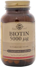 Solgar Biotin 5000 mcg - 50 Vegetable Capsules - Contributes to the Maintenance of Hair, Skin & Nails - Non-GMO, Vegan, Gluten Free, Dairy Free, Kosher