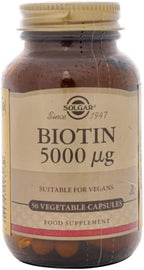 Solgar Biotin 5000 mcg - 50 Vegetable Capsules - Contributes to the Maintenance of Hair, Skin & Nails - Non-GMO, Vegan, Gluten Free, Dairy Free, Kosher