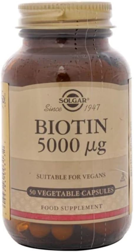 Solgar Biotin 5000 mcg - 50 Vegetable Capsules - Contributes to the Maintenance of Hair, Skin & Nails - Non-GMO, Vegan, Gluten Free, Dairy Free, Kosher
