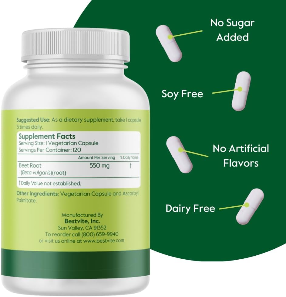 BESTVITE Raíz de Remolacha - 550mg por Cápsula (120 Cápsulas Vegetarianas) - Sin Estearatos - Sin Maltodextrina - Vegano