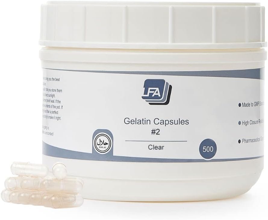Cápsulas Vacías Tamaño 2 - Gelatina Transparente - 500 Unidades - Se Adaptan a Bandeja de Relleno - Cápsulas de Gelatina de Res Fáciles de Cerrar para Suplementos en Polvo DIY - Certificadas Halal