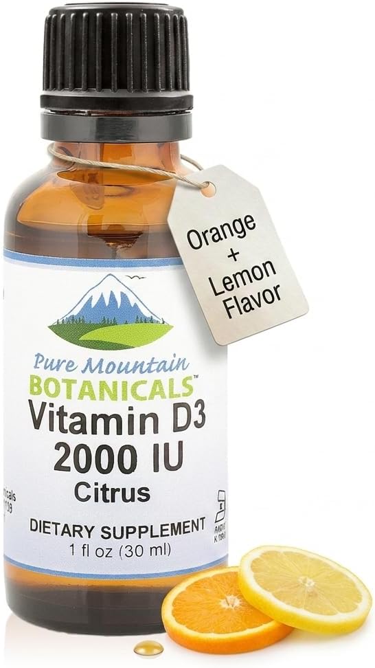 Pure Mountain Botanicals Vitamina D3 Líquida 2000 UI - Gotas con Sabor Natural a Naranja y Limón en Aceite MCT - 30 ml