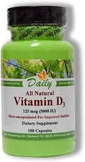Daily Manufacturing Vitamina D3 5000 UI (125 mcg) – Cápsulas Vegetarianas – No OGM, Sin Gluten, Kosher – Apoya Huesos, Sistema Inmune y Bienestar General – 100 Cápsulas