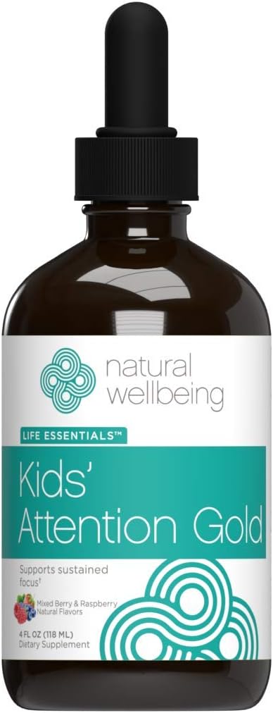Kids' Attention Gold - Apoyo Natural para la Concentración y el Enfoque con Rhodiola - Sabor a Bayas Mixtas y Frambuesa - 118 ml