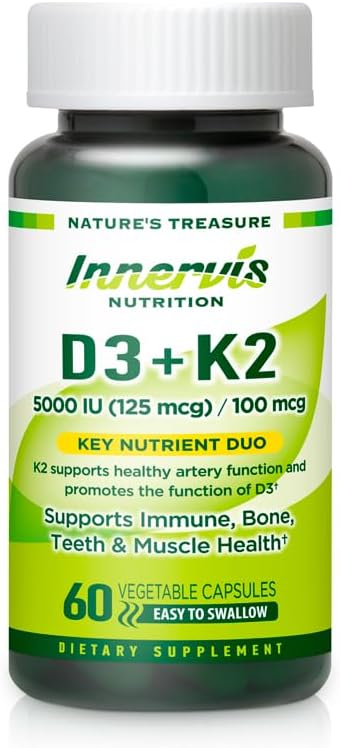 INNERVISNUTRITION Vitamina D3 5000 UI + K2 MK-7 100 mcg – Apoyo óseo, cardíaco e inmunológico, 60 cápsulas