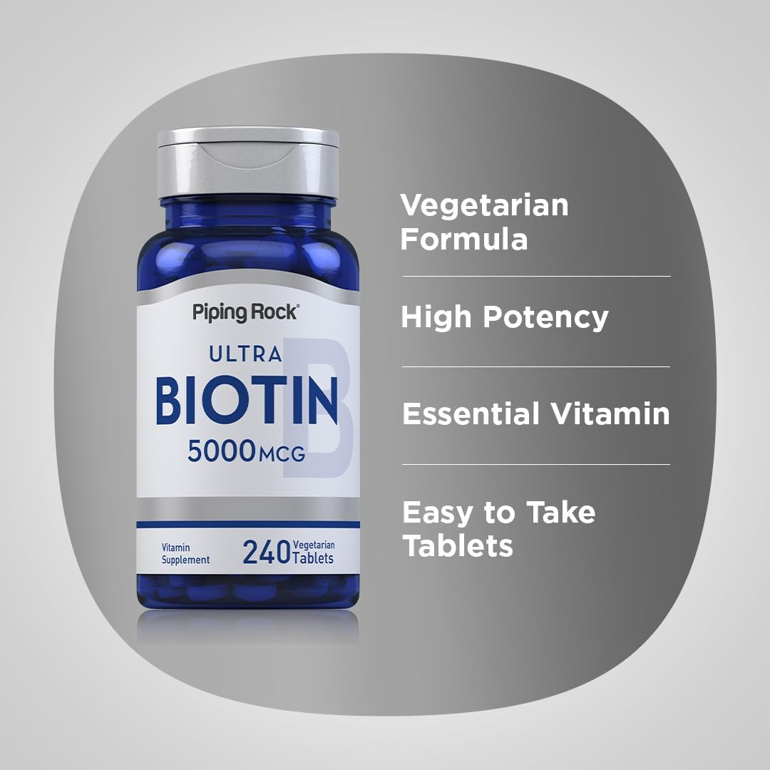 Piping Rock Biotina 5000mcg | 240 Comprimidos | Suplemento de Vitamina B7 | Vegetariano, Sin Gluten, No-GMO