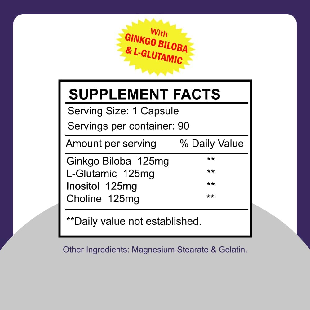 Sunshine Naturals Cerebrina con Ginkgo Biloba y L-Glutámico – 90 Cápsulas – Fórmula de apoyo cognitivo para adultos