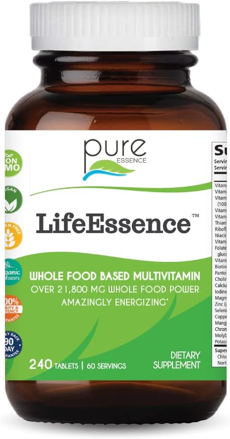 PURE ESSENCE LABS LifeEssence Multivitamin for Women and Men - Natural Herbal Supplement with Vitamin D, D3, B12, Biotin, and Whole Foods - 120 Tablets