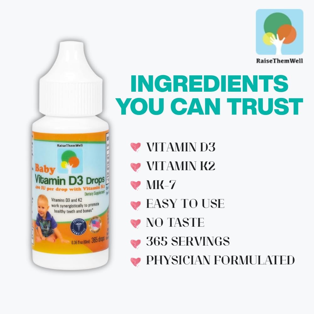 Raise Them Well - Vitamin D3 and K2 Drops for Bones and Teeth, 365 Servings, 10 ml