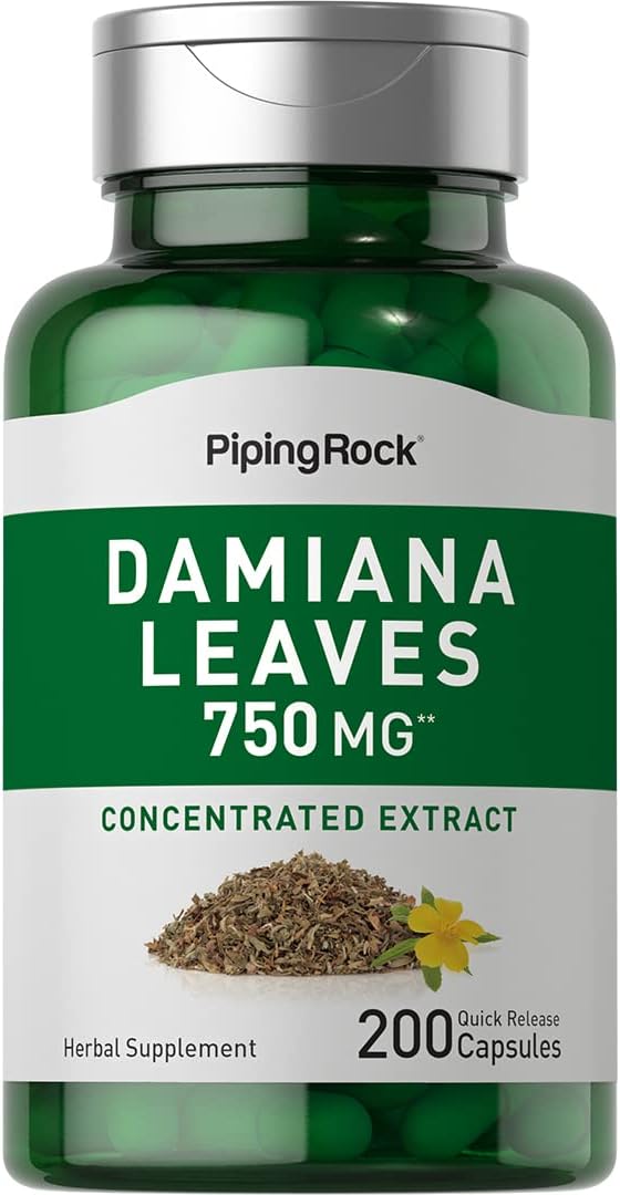 Cápsulas de Hoja de Damiana de Piping Rock | 200 Cápsulas | Extracto de Hierba | No Transgénico, Sin Gluten