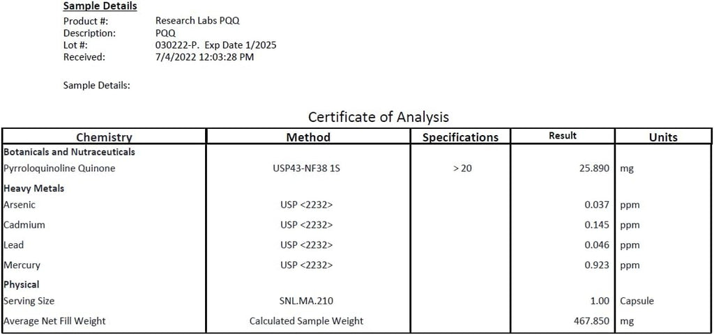 Research Labs Ultra Alta Pureza PQQ 20mg Cápsulas, 120 Cápsulas – Suplemento de Pirroloquinolina Quinona para Energía, Corazón y Cognitivo
