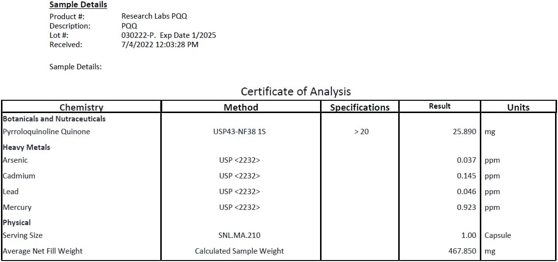 Research Labs Ultra Alta Pureza PQQ 20mg Cápsulas, 120 Cápsulas – Suplemento de Pirroloquinolina Quinona para Energía, Corazón y Cognitivo
