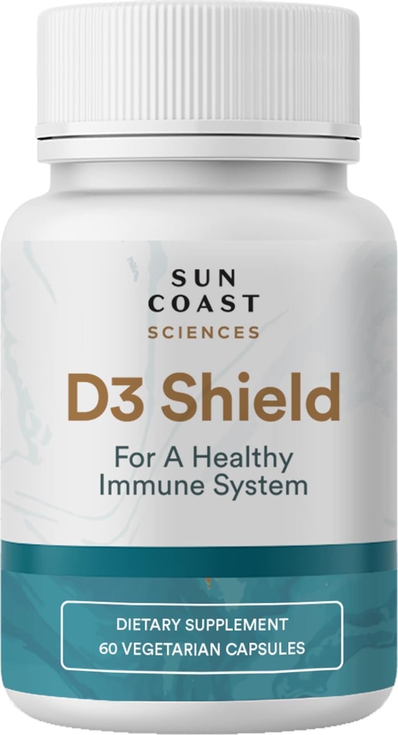 Sun Coast Sciences D3 Shield - Vitamina D3 5000 UI con K2 MK-7 y Calcio, 60 Cápsulas Vegetarianas
