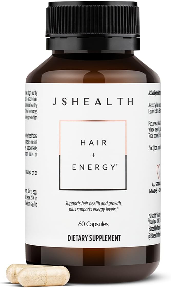 JSHealth Vitaminas para el Crecimiento del Cabello para Mujeres. Cabello + Energía con Yodo de Alga Kelp y Zinc. Favorece densidad, fuerza y energía. Formulado por nutricionista (60 cápsulas)