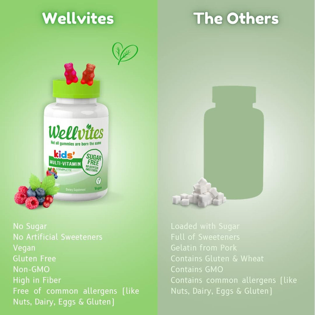 Wellvites Kids Multivitamin Gummies - Gominolas multivitamínicas infantiles sin azúcar, veganas, 60 unidades