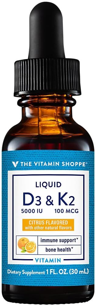 The Vitamin Shoppe Vitamina D3 K2 Líquido - Salud Ósea y Soporte de Calcio | D3 + K2 MK-7 Gotas | 30 ml | Sabor Cítrico