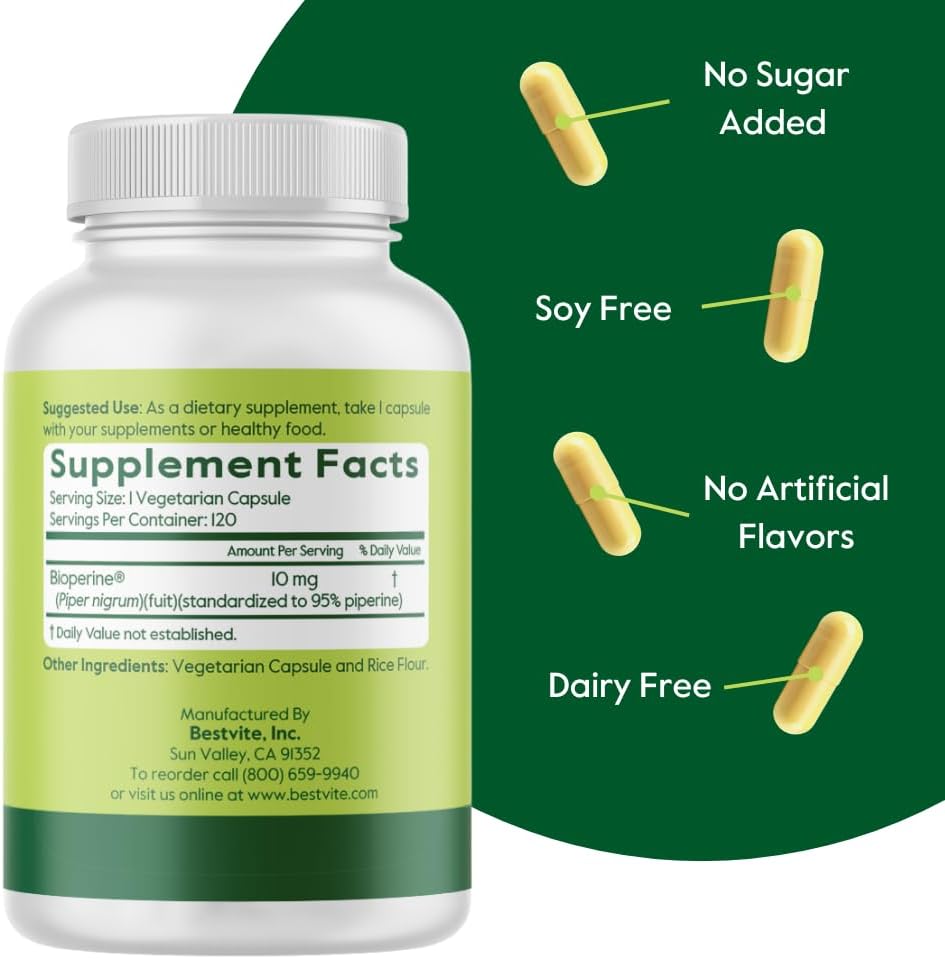 BESTVITE Bioperine 10mg (240 Cápsulas Vegetarianas) - Potenciador de Absorción - Vegano - Sin Gluten - No GMO