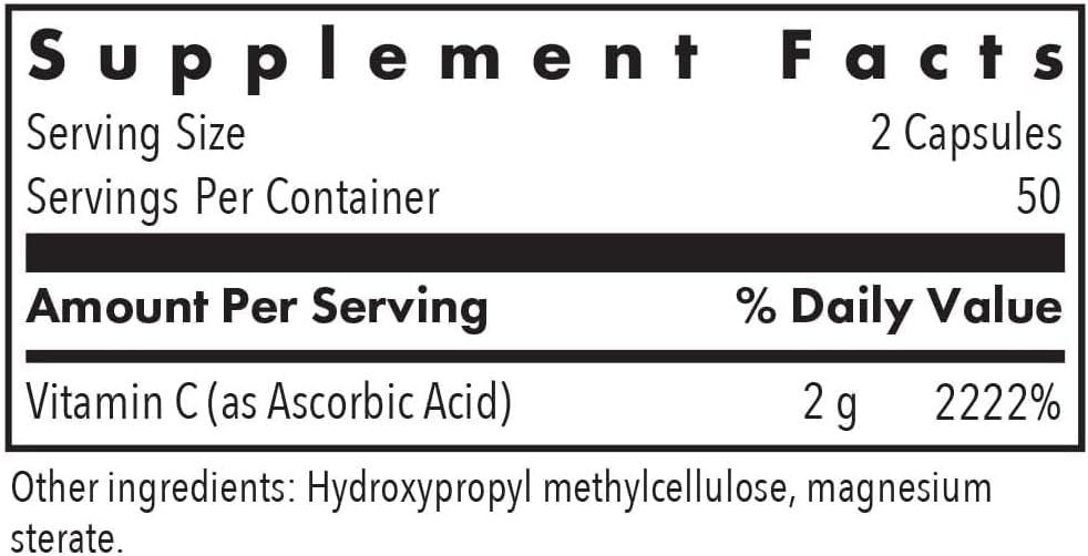 Allergy Research Group ARG Vitamina C Pura - 2000 mg Ácido Ascórbico - Hipoalergénico - 100 Cápsulas