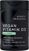 Sports Research Vitamina D3 Vegana 5000 IU (125 mcg) con Aceite de Coco - 60 Softgels