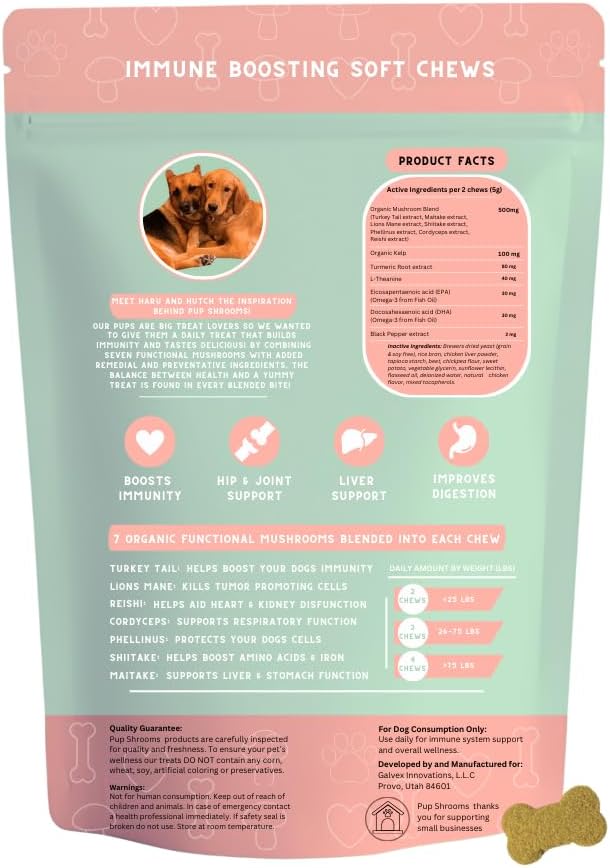 Pup Shrooms - Complejo de Setas en Masticables Blandos para Perros - Melena de León, Cola de Pavo, Shiitake - EPA, DHA, Cúrcuma y Alga Orgánica - 160 unidades