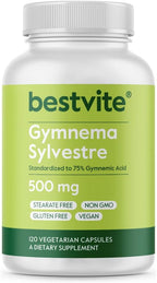 BESTVITE Gymnema Sylvestre 500mg (120 Cápsulas Vegetarianas) - Estandarizado al 75% de Ácido Gimnémico - Sin Estearatos - Sin Cargas - Sin Agentes de Fluidez - Vegano - No GMO - Sin Gluten