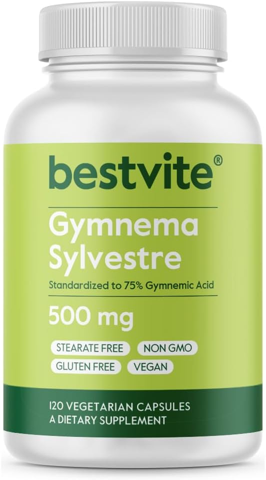 BESTVITE Gymnema Sylvestre 500mg (120 Cápsulas Vegetarianas) - Estandarizado al 75% de Ácido Gimnémico - Sin Estearatos - Sin Cargas - Sin Agentes de Fluidez - Vegano - No GMO - Sin Gluten