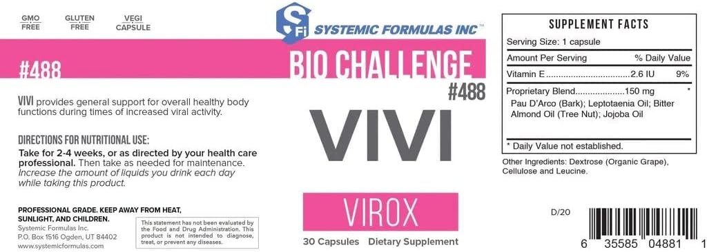 Systemic Formulas Bio Challenge #488 VIVI Virox - 30 Cápsulas. Mezcla de apoyo inmunitario con Pau D'Arco, Aceite de Leptotaenia (Lomatium dissectum), Aceite de Almendras Amargas, Aceite de Jojoba y Vitamina E.
