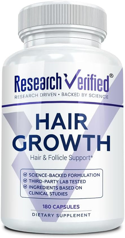 Research Verified Hair Growth Support - con Biotina, Bloqueadores DHT y Vitaminas - 180 Cápsulas - Suministro para 3 Meses – Image 1