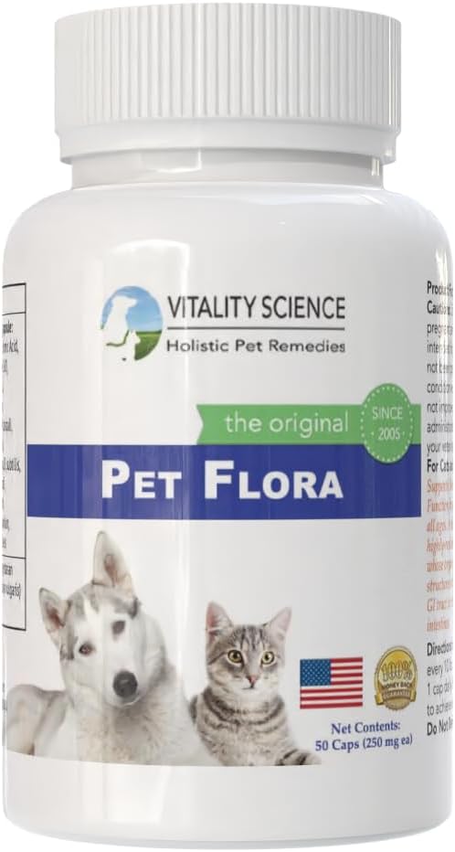 Vitality Science Pet Flora – Probióticos Naturales para Perros y Gatos | Salud Digestiva | 250 Cápsulas