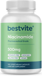 BESTVITE Niacinamida 500mg sin excipientes - 240 Cápsulas - Vitamina B3 sin efecto rubor