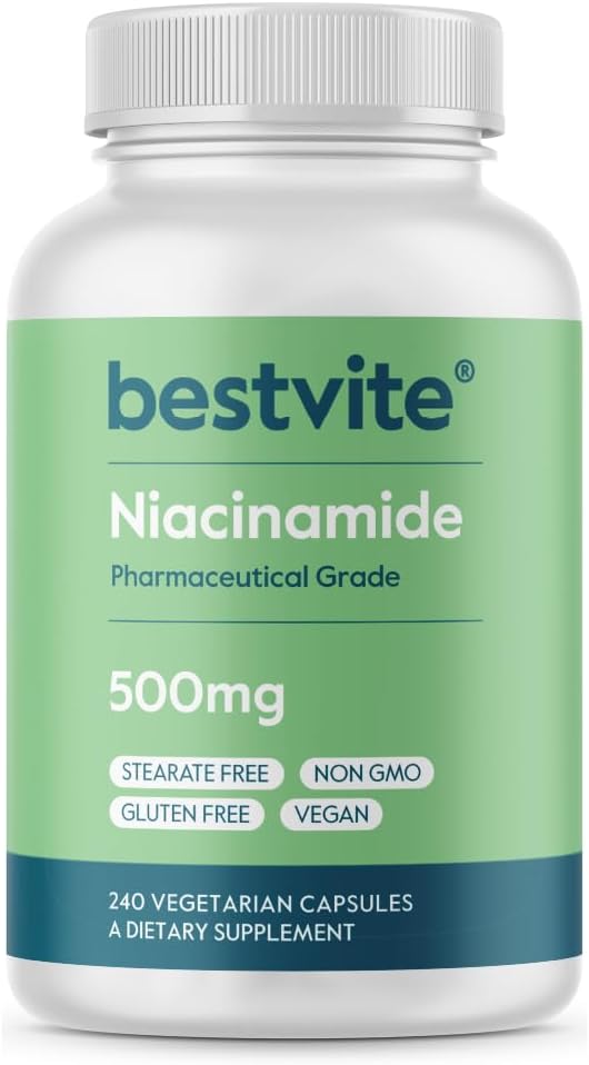 BESTVITE Niacinamida 500mg sin excipientes - 240 Cápsulas - Vitamina B3 sin efecto rubor