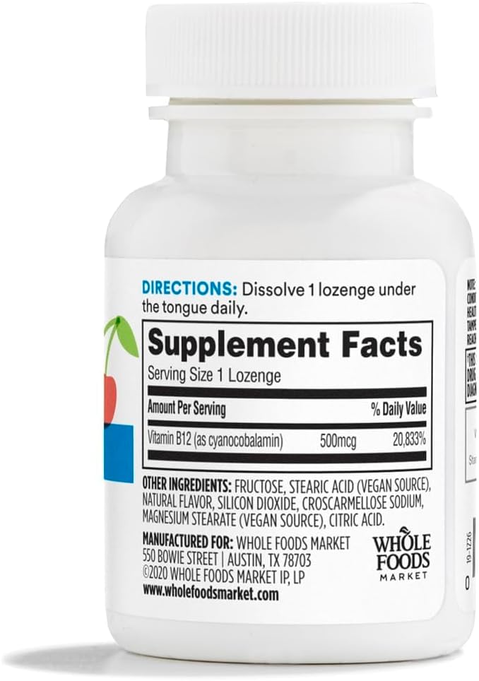 365 by Whole Foods Market, Vitamina B12 500mcg Comprimidos, Sabor Cereza Natural, Vegano, 50 Unidades