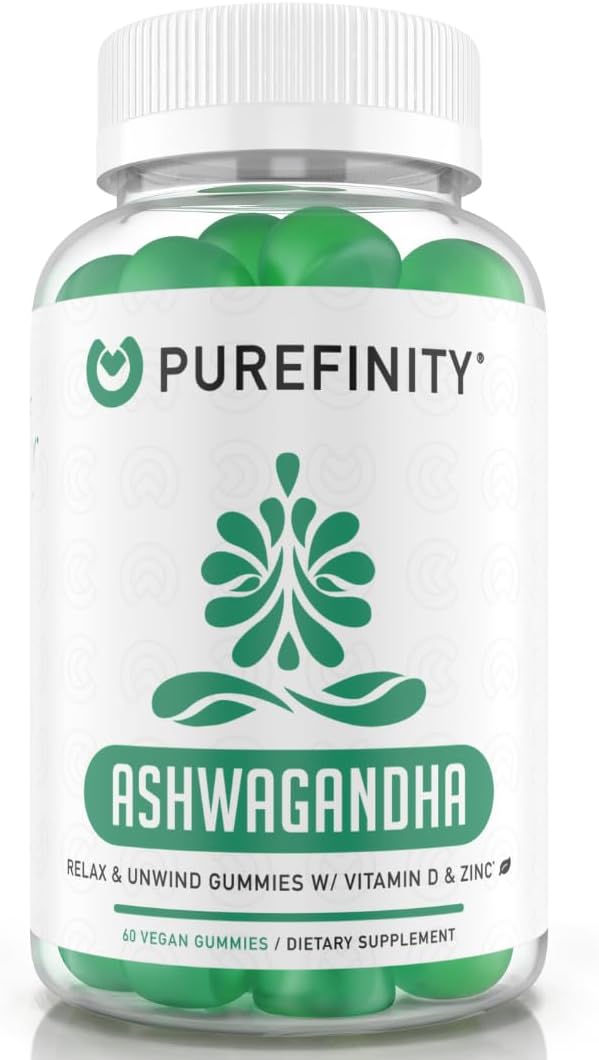 PUREFINITY Gominolas de Ashwagandha con Vitamina D y Zinc – Suplemento para la relajación y el apoyo al estado de ánimo – Sin gluten, vegano, 60 unidades